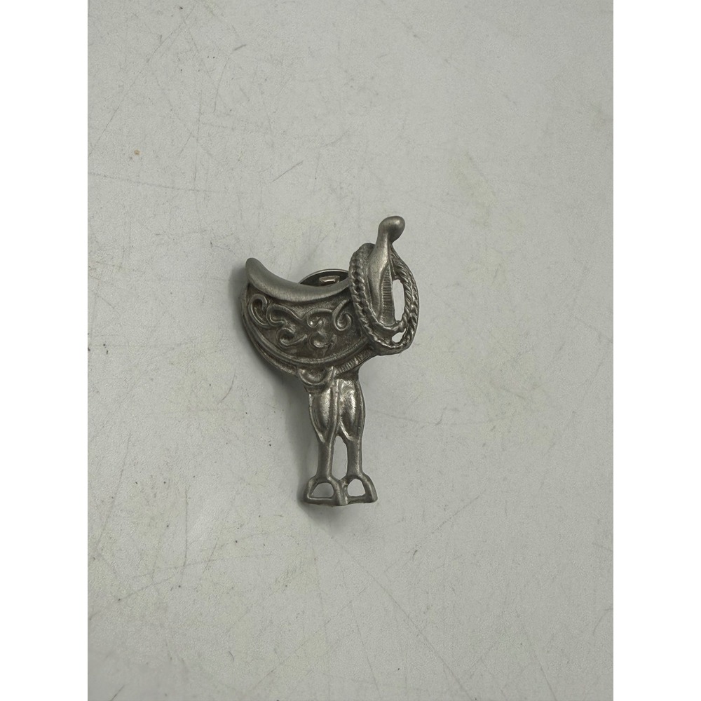 Vintage Western Horse Saddle Lapel Pin Silver Tone Equestrian Rodeo Hat Pin